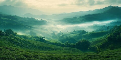 Naklejka premium Morning mist covering lush green tea fields in rolling hills
