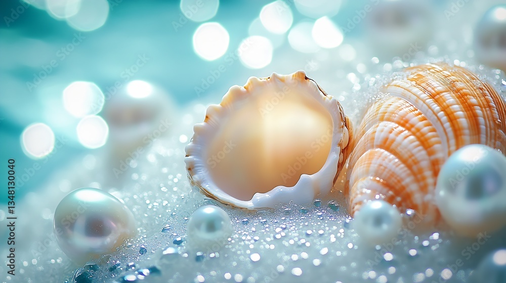Aufkleber Elegant composition of seashells and glossy pearls displaying the beauty of undersea life with shimmering reflections : Generative AI
