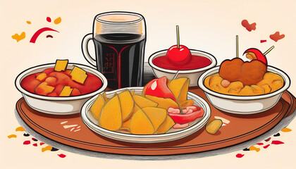 illustrations symbols of typical spanish bar snacks text in spanish of food tapas bravas and pinchos and drinks cana y vino