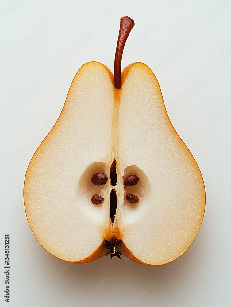 Poster Juicy pear sliced in half showcasing its attractive shape and seeds with a clean white background for culinary presentation : Generative AI