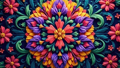 Intricate floral pattern within a hexagon, vibrant hues , art, background, nature