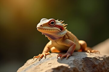 Fototapeta premium Bearded Dragon Basking on a Rock Under Warm Lighting
