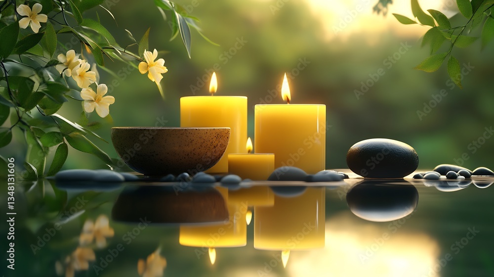 Poster intimate view of yellow candles clustered with decorative stones and flowers reflecting in tranquil 