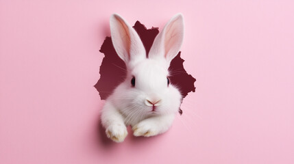 Obraz premium ピンク色の壁から顔を出すウサギの可愛らしい表情