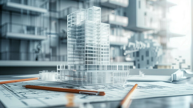 Architectural blueprint with a 3D model of a modern high-rise building