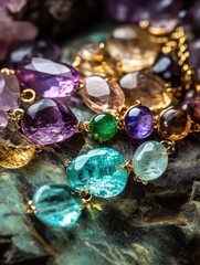 Gemstone Jewelry on Dark Stone Background.