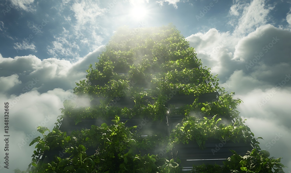 Poster A towering structure covered in lush greenery, illuminated by bright sunlight against a cloudy sky.