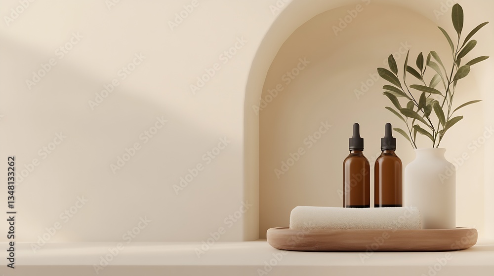 Poster Stylish Display of Spa Bottles and Natural Elements in a Minimalist Setting for a Peaceful Relaxation Experience : Generative AI