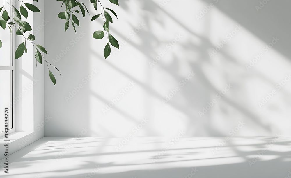 Poster elegant green foliage softly illuminated creating delicate patterns on a plain white wall : generati