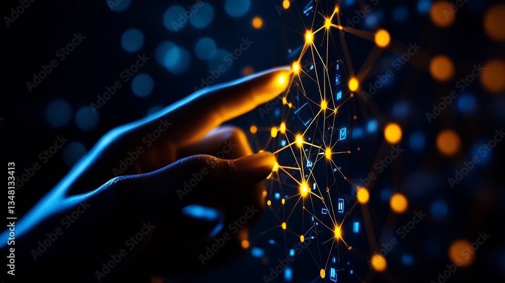 Poster Hand navigating through illuminated nodes on a digital interface representing modern technology : Generative AI