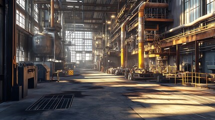 Naklejka premium Sunlit Industrial Interior: A Glimpse into a Rusty Factory's Heart