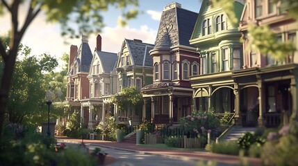 Victorian Dream Homes: A picturesque street lined with charming Victorian houses bathed in the warm glow of morning sun.