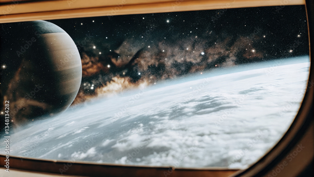 Wall mural a glowing planetary disk levitating in an infinite cosmic void, surrounded by subtle star clusters a