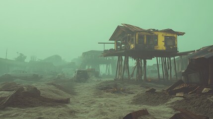 Post-apocalyptic, abandoned coastal town.  Ruined houses, foggy, eerie