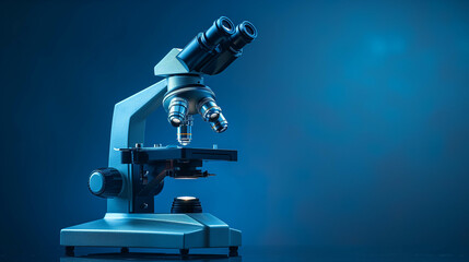 High-tech laboratory microscope illuminated with blue lighting for scientific research