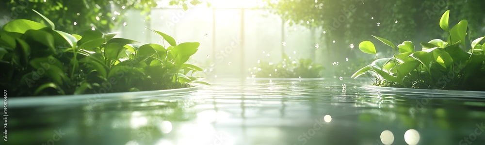Poster Lush greenery reflecting in tranquil water with soft light filtering through, creating a serene atmosphere.