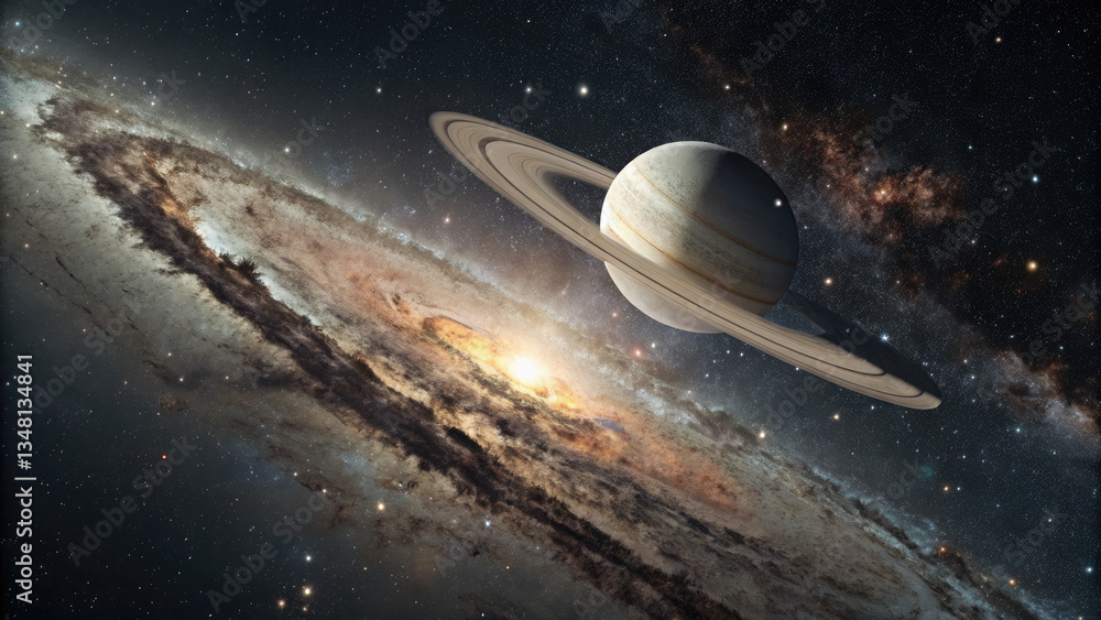 Wall mural a glowing planetary disk levitating in an infinite cosmic void, surrounded by subtle star clusters a