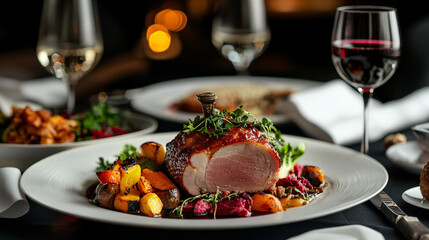 delicious roasted pork dinner with side dishes and wine glasses on black tablecloth