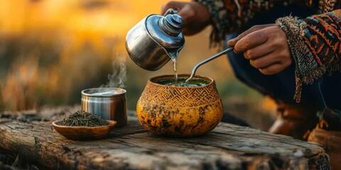 Fototapeta premium Person pouring hot water into calabash for traditional tea ceremony