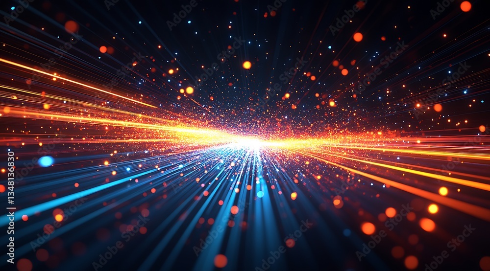 Poster Vivid Display of Colorful Particles and Light Streams Conveying Energy and Motion : Generative AI