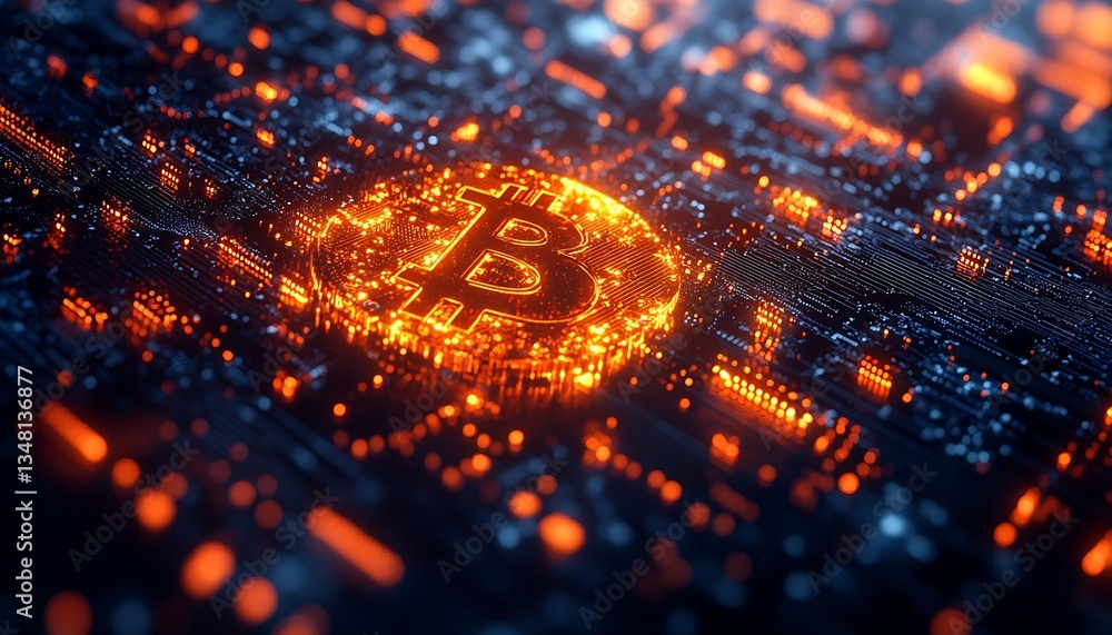 Poster Dynamic Bitcoin Coin Surrounded by Bright Orange Particles on a High-Tech Circuit Background for Financial Themes : Generative AI