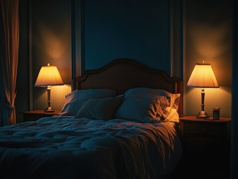 A dimly lit bedroom scene with lamps and a comfortable bed