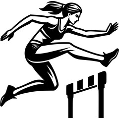 Sport emblem of female track and field athlete jumping over hurdle on running track in monochrome. Engraving minimalistic vector in black ink drawing on transparent background