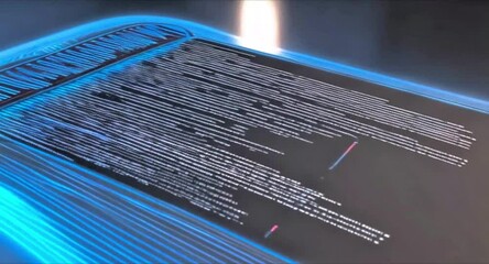 Futuristic, fast-moving software interface with glowing blue outline, abstract data, and motion. Blurred background suggests rapid updates, system processing, or real-time software adjustments AI