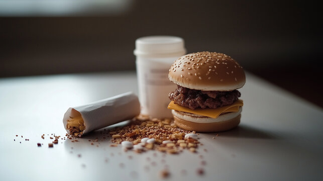 Juicy Cheeseburger with Sesame Bun and Random Table Objects