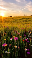 Serene Countryside Sunset with Wildflowers