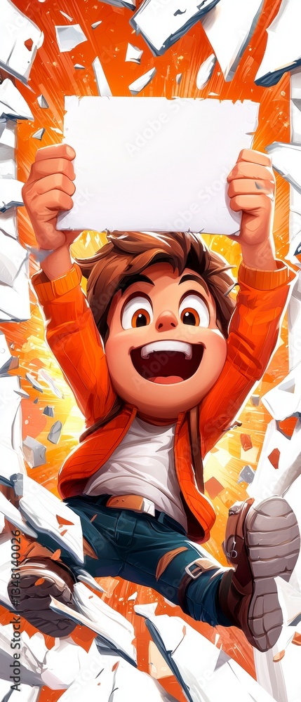 Poster exciting child breaks through walls with a sign colorful chaos animation creative environment dynami