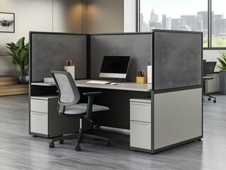 A modern office workstation with privacy panels and ergonomic chair sits in a bright and spacious contemporary office setting.