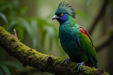 Obraz premium Resplendent Quetzal Perched on a Mossy Branch in the Wild