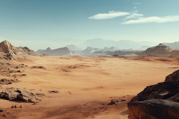 An expansive view of a desolate and rocky desert landscape
