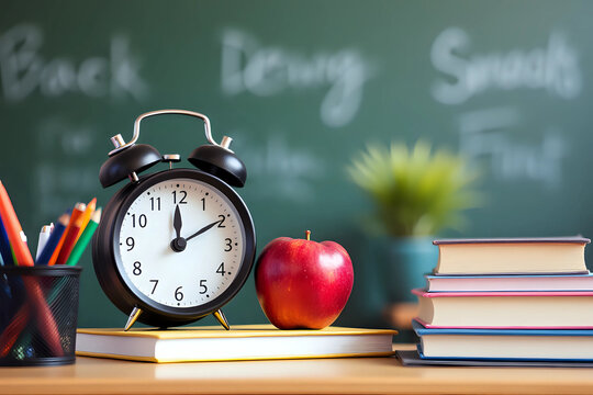 Apple, books, alarm clock and stationery on teacher's desk in classroom. Back to school concept