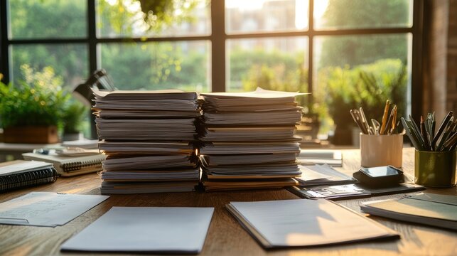 Clean office desk with neatly arranged stacks of documents and assorted stationery
