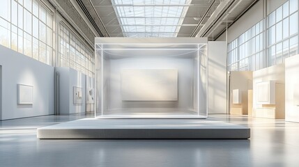The display of a modern art exhibition in a museum using a clear huge stand mockup