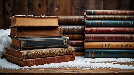 Fototapeta premium Still life Stack of antique books. Old books on vintage background, stock photo