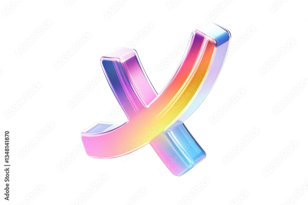 Poster iridescent x shape with rainbow gradient and clear border on a black background in a studio shot