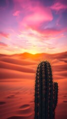 Serene Desert Sunset with Cactus Silhouette