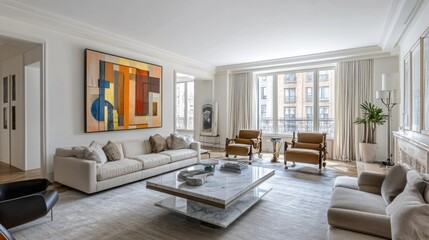 Spacious, modern living room with art and natural light