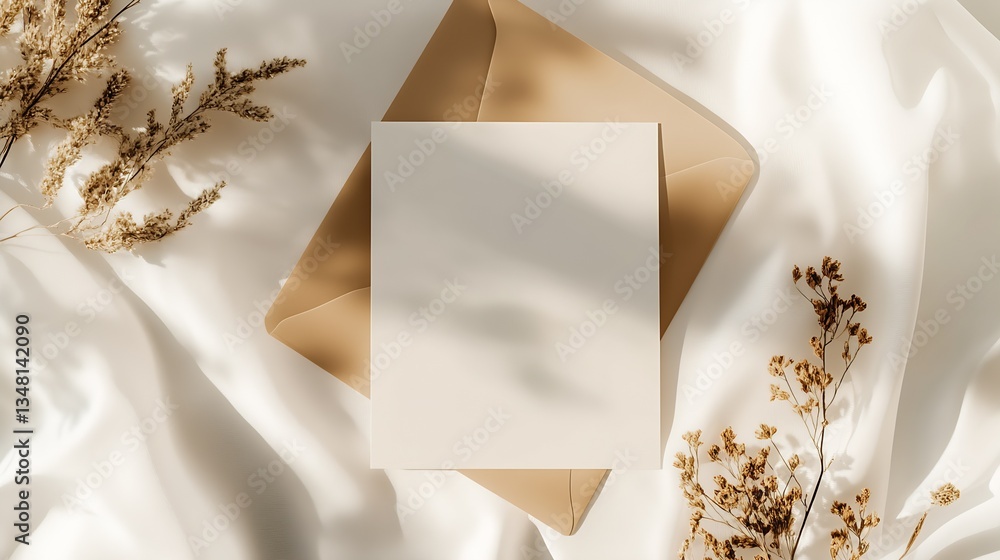 Poster minimalistic flat lay of a blank card resting on a brown envelope on soft fabric with floral hints :