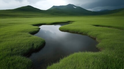 Obraz premium Serene alpine meadow with tranquil water. Lush green grass surrounds a still pond reflecting the sky. Rolling hills and mountain peaks frame the scene