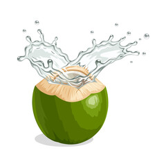 Illustration of a green young coconut with splashes of coconut water, isolated on white background.