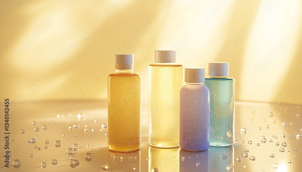 Poster Bright Coloured Bottles With Droplets of Water on Smooth Surface in Soft Natural Light : Generative AI