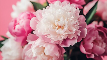 Naklejka premium Stunning bouquet of pink and white peonies arranged beautifully against a soft pink backdrop : Generative AI