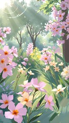 Serene Forest Glade with Vibrant Blossoms