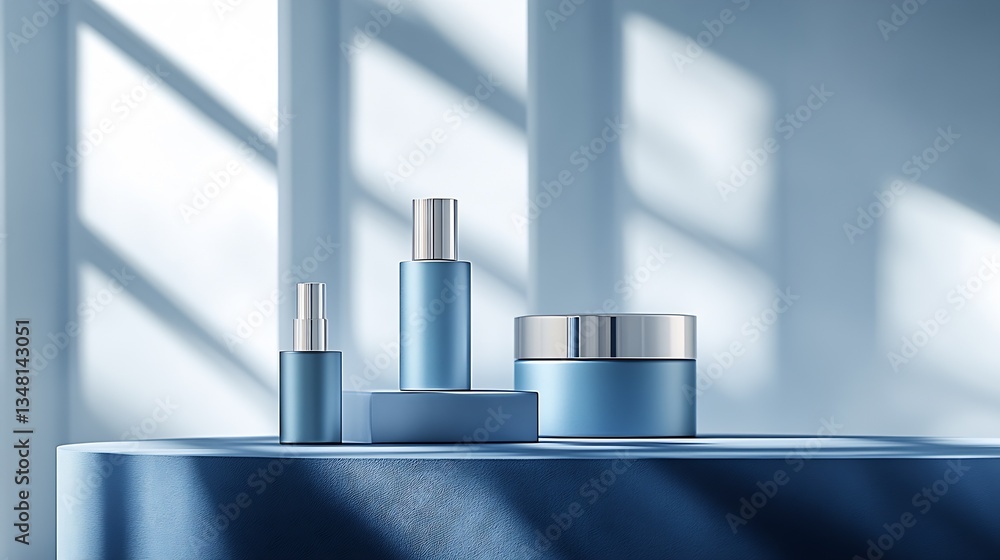 Aufkleber Stylish cosmetic bottles arranged aesthetically on a blue circular platform featuring soft natural light and shadows : Generative AI