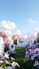 Serene Garden Oasis with Modern Sculptures