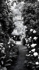 Serene Garden Pathway in Black and White